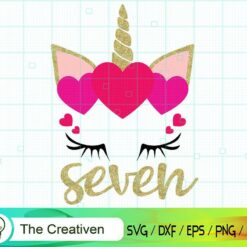 Seventh Birthday Unicorn SVG, Seventh Birthday Unicorn Digital File, Unicorn Heart SVG